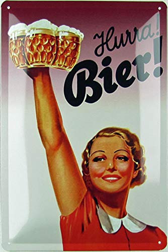 Blechschild 20x30 cm gewölbt Retro Hurra Bier Beer Geschenk Magnet-Metall-Schild mit Sprüchen Vintage lustige Türschilder Bier Nostalgie Schild Deko Bar-Schild Beer Motiv