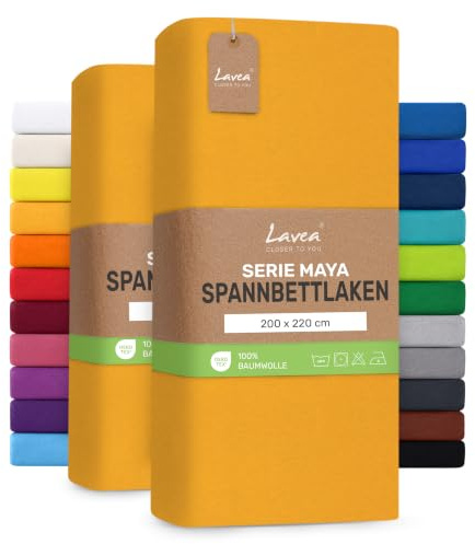 Lavea® 2er Pack Spannbettlaken 200x220cm – Goldgelb | 100% Baumwolle – Für Boxspringbetten und Wasserbetten – Für Matratzen bis ca. 35 cm Höhe – Formstabil