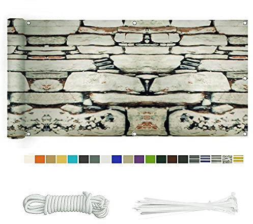 Balkon Sichtschutz, Balkonabdeckung 220 g/m² Innen Balkonverkleidung UV-Schutz (210Größen&21Farben) Ohne Bohren mit Ösen Kabelbinder und Kordel für Balkongeländer Terrasse,75X600CM Steinmuster