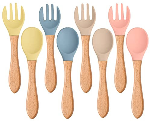 8 Stück Baby Silikon Bambus mit rutschfestem Fütterung Gabeln und Löffel Set Selbstfütterungs BPA Frei Fütterungstraining Löffel Gabel für Kinder über 6 Monate