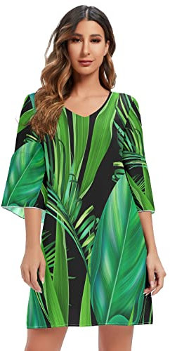 Mnsruu Tropische Monstera und Palmenblätter Damen Casual Chiffon Minikleid 3/4 Ärmel V Ausschnitt, mehrfarbig, M-L