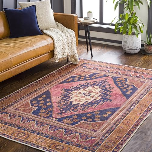 Livabliss Valentina Ezbet Machine Washable Floor Covering 200x275 cm – Vintage Boho Style for Living Room, Dining & Hallway, Easy Care, Dark Blue, Rose & Burnt Orange