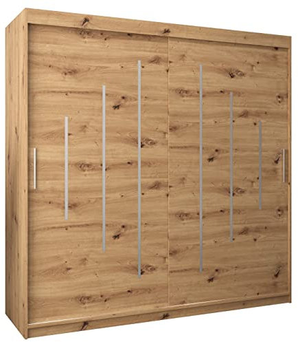 Kryspol Schwebetürenschrank York 200 cm Kleiderschrank mit Kleiderstange und Einlegeboden Schlafzimmer- Wohnzimmerschrank Schiebetüren Modern Design (Artisan Eiche)