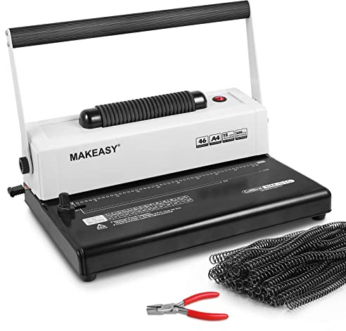 MAKEASY Coil Spiral Binding Machine 4:1 pitch - Manual Hole Punch - Electric Coil Inserter - Adjustable Side Margin - for Letter Size/A4/A5, Comes with 1 Box 5/16'' Plastic Coil Binding Spines & Plier