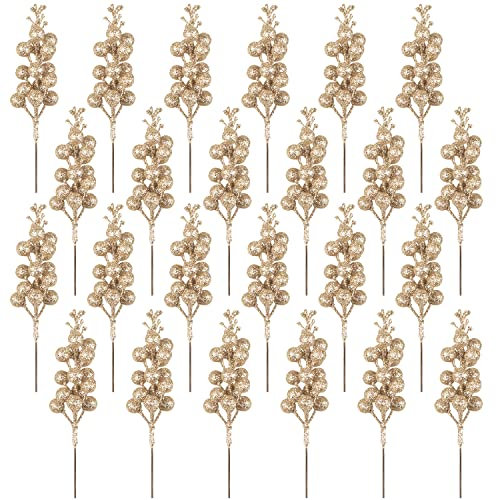 24 Pack Champagne Gold Berry Stems, 19 CM Artificial Burgundy Red Berry Picks Holly Red Berries Branches Christmas Berry Stems for Christmas Tree Garland Wreath Crafts Wedding Winter Home Decoration