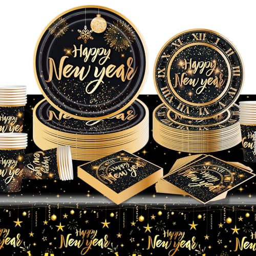 81 pcs Neujahr Silvester Partygeschirr Set, Schwarz und Gold Geschirr Kit für 20 Person, Happy New Year Partygeschirr Deko Teller, Becher, Servietten für Weihnachten Neujahr Party Deko