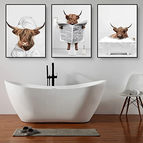 Martin Kench 3er Badezimmer Bilder Set, Tier Hochland-Kuh in der Badewanne Bild, Lustige Wandkunst Drucke Leinwand Poster Dekoration, Ohne Rahmen (30x40cm)