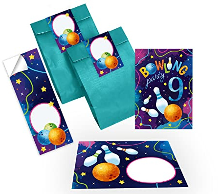 Junapack 12 Einladungskarten zum 9. Kindergeburtstag Bowling Kegeln neunte Geburtstag Mädchen Jungen incl. 12 Umschläge, 12 Tüten/petrol, 12 Aufkleber