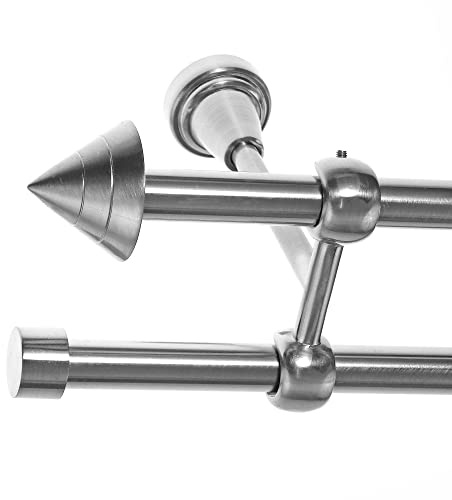 BASIT Gardinenstange Edelstahllook 16mm 2-läufig Decke 280cm lang D24 | Gardinenstangenset doppelläufig Deckenmontage Metall Vorhangstange Deckenhalterung 120-600cm wählbar Kappe Spitze E21