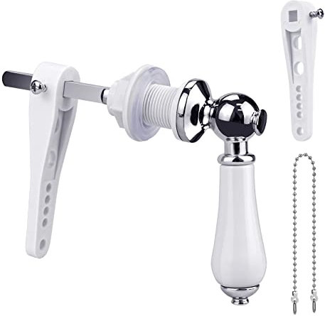Toilet Flush Handle Replacement, Toilet Cistern Lever Handle +2 Replacement Fittings White Porcelain Vintage Cistern Lever Universal Fit Toilet Cistern Handle Chrome Plated for Toilet Wc Cistern Tank