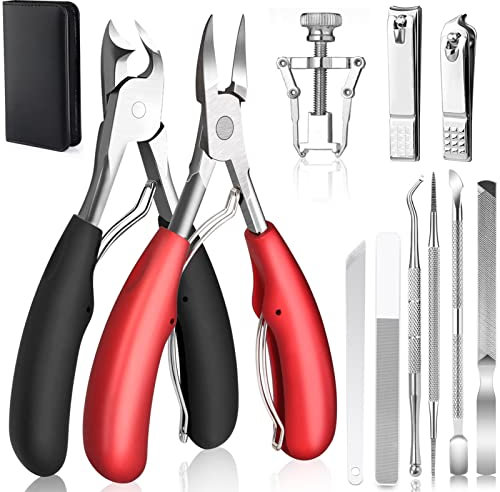 SAMSYOKI 12pcs Tronchesino per Unghie Piedi, Set Tagliaunghie Professionale per Unghie Spesse o Incarnite,Tagliaunghie per Piedi in Acciaio Inox con Attrezzi per Pedicure (nero+rosso)