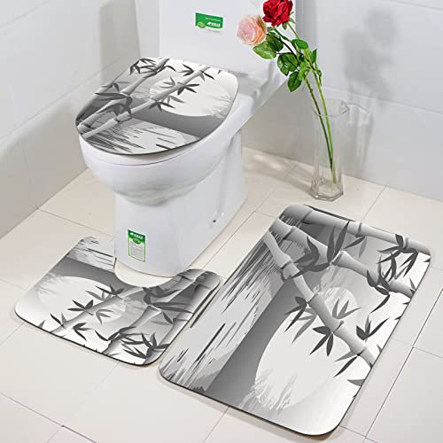 Ensemble Tapis de Bain 3 Set,Bambou, tige de l’usine de bambou au bord de la rivière en pleine lune la nuit au crépuscule H,WC Tapis Contour Tapis de Salle antidérapant de Doux et Confortable Lavable