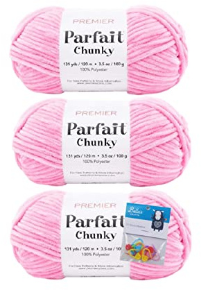 Premier Yarns Parfait Chunky Chenille Yarn 3.5 Oz 6 Super Bulky Weight 3 Pack Bundle with Bella's Crafts Stitch Markers (Bubblegum)