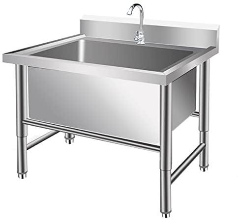 LBONG Freistehende Edelstahlspüle mit einem Becken, für den Garten mit Wasserhahn, 1 extra tiefes Fach (100 x 60 x 80 cm/39,3 x 23,6 x 31,4 Zoll, 11,8 Zoll Tief)