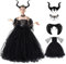 Herenear Maleficent Kostüm Mädchen Kinder, 5tlg Böse Königin Halloween Kostüm Set, Cosplay Hexenkostüm mit Hörner Flügel Kette, Prinzessin Fasching Karneval Verkleidung Partykleid Outfits (XL)