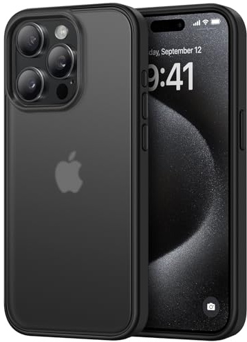 TENDLIN Compatible with iPhone 15 Pro Max Case Translucent Matte Hard Back with Soft Silicone Bumper Comfortable Case (Black)