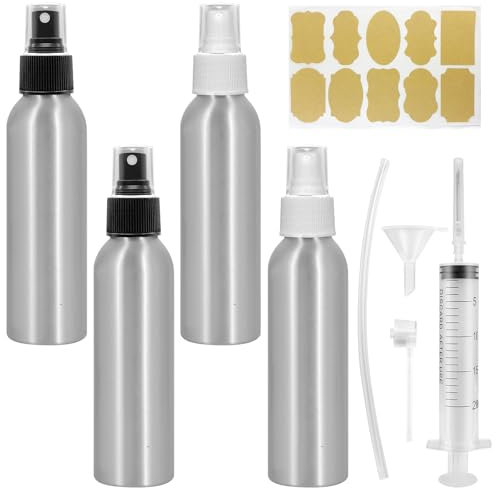 Omsscun 4 Pcs Aluminium Spray Bottles, 120ml Atomiser Perfume Spray Bottle, Travel Spray Bottle with Label, Empty Refillable Mist Bottle with Black and White Caps for Perfume, Cosmetic, Toiletries