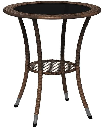 Outsunny Mesa de Ratán Redonda Ø64x71 cm Mesa de Jardín con Estante Marco de Acero y Tablero de Vidrio Carga 50 kg para Terraza Patio Marrón