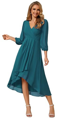 Ever-Pretty Women's Chiffon V Neck 3/4 Sleeves Pleated A-Line Midi Length Wedding Guest Dress Teal 16UK