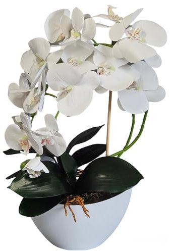 Damich Künstliche Orchidee im Blumentopf Pflanze Künstliche Blume Kunstorchidee Dekoration 2-Blütenzweige Höhe ca. 50cm (Weiß)