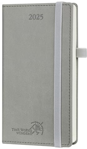 POPRUN Taschenkalender 2025 Klein 16,5 x 9 cm (Jan.2025-Dez.2025) - Kalender 2025 Klein mit PU-Leder - Terminplaner, Planer 1 Woche 2 Seite mit Stiftschlaufe - Grau