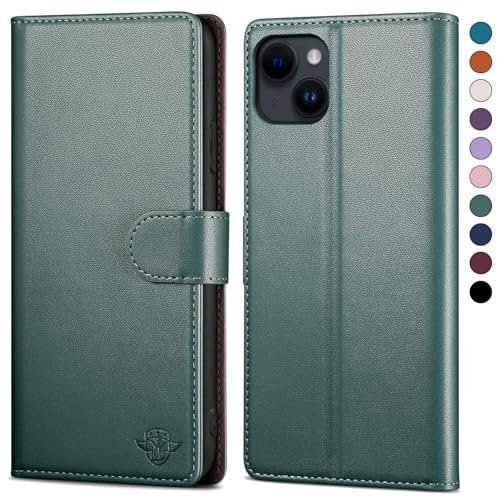 SkyDuck for iPhone 15 6.1 Phone case with [RFID Blocking][Credit Card Holder] with 1 Tempered Glass Screen Protector,PU Leather Flip Book Protective Cover Women Men for Apple 15 cases Green