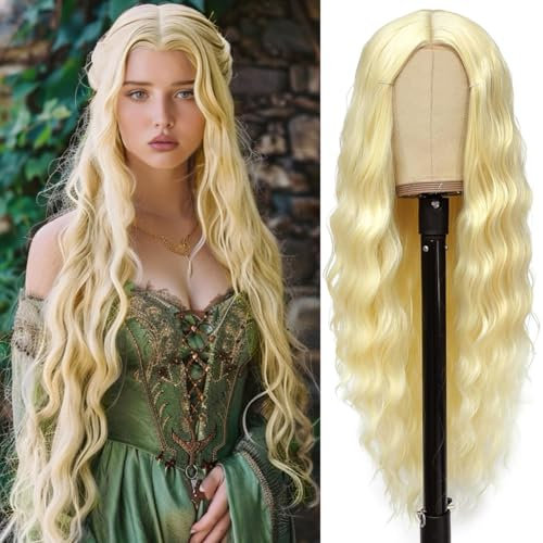 PORSMEER Lange wellige Perücken für Frauen, Mittelteil flauschige lockige Perücke, natürlich aussehende synthetische hitzebeständige Faserperücken für die tägliche cosplay Partei (Blond)