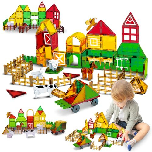 BuzzoXerex Magnetic Building Blocks, Farm Toy, Magnetic Building Blocks, Magna Tiles Montessori Toy for 2 3 4 5 Years Boys and Girls