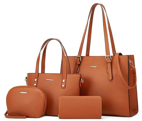 DORRISO Elegant Damen Handtaschen 4 Teiliges Set Anti-Dieb Umhängetasche Clutchbag Karteninhaber Reisen Schultertasche für Büro Ernennung Urlaub Einkaufen PU Leder Braun