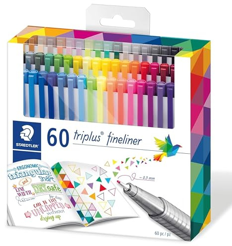 STAEDTLER triplus Fineliner Felt-Tip Pen Set: 60pcs – 0.3mm Assorted Colors - Water-Base Ink - Ergonomic Triangular Shape - Coloring, Writing, Journaling & Drawing - For Classroom, Home or Office