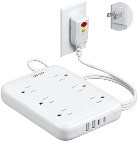 2 Prong GFCI Power Strip, VINTAR 2 Prong to 3 Prong GFCI Plug Adapter, 6ft Extension Cord with 6 Outlets & 4 USB(2 USB-C), 1050J Surge Protector, Polarized Plug Wall Mount for Non-Grounded Outlet