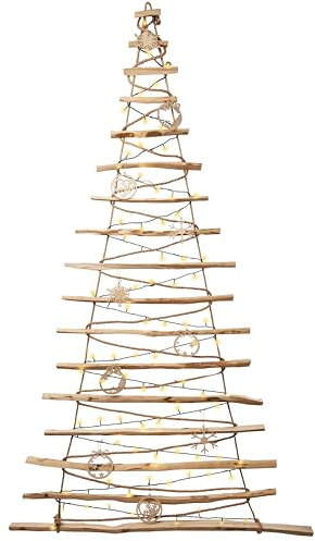 BOGATECO Albero di Natale fatto a mano, con decorazioni, 195 cm, con LED da 230 V, in legno di nocciola, ciondolo decorativo, pannelli di legno collegati a una corda di iuta con uno spessore di 6 mm