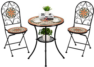 Robustes Mosaik-Bistrotisch-Set für den Außenbereich, mit Klappstühlen, ideal für Schwimmbäder, Terrassen, Balkone und Gärten