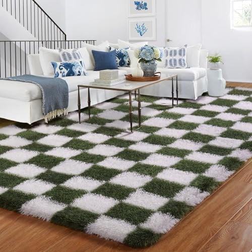 BYBSRLL Grand tapis à carreaux pour chambre à coucher, salon, chambre d'enfant, dortoir, salon - Vert olive et blanc - 150 x 210 cm