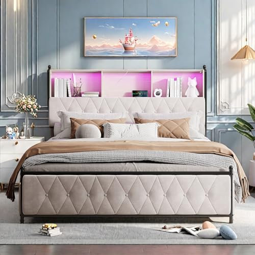 YYXLDYNB Doppelbett, gepolstert, 160 x 200 cm, Samt, Bett mit 2 integrierten USB, LED-Bett mit 4 Aufbewahrungsschubladen, Nachttisch mit RGB-Lichtstreifen, einfach zu montieren, ohne Matratze, beige
