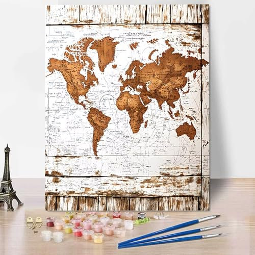 Carte Peinture par Numéros pour Adulte, Peinture Numero Adulte Kit de Peinture à l'huile sur Toile Bricolage pour Enfant avec Peinture de Dessin de Pigment Acrylique 40x50cm Carte du Monde L-0