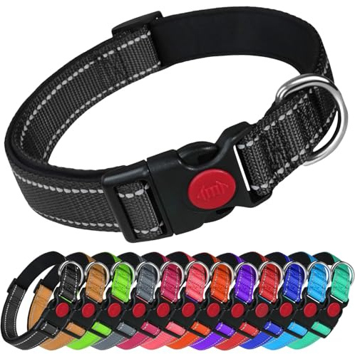 LARRYROO Reflective Dog Nylon Collar | Slide Lock Safety Buckle | Fully Adjustable | Soft Neoprene Padding (Black, Medium (35cm - 50cm Neck))