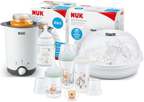 NUK Perfect Match Babyflaschenset Winnie Puuh, Thermo 3in1 Flaschenwärmer & Micro Express Plus Mikrowellen-Sterilisator im praktischen Vorteilsset | Auftauen, Erwärmen, Warmhalten & Sterilisieren