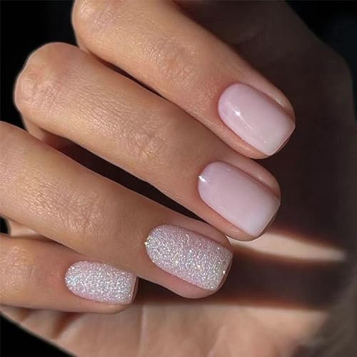 24pcs Medium Square False Nails - Glitter Pink Stick on Nails Silver - Press on Nail Removable Glue-on Nail Fake Acrylic Full Cover Nails Women Girls Nail Art Accessories