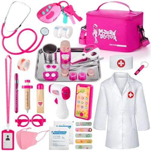 Sundaymot Malette Docteur Enfant, Jouet en Bois Jeux avec Stéthoscope, Thermomètre, Seringue, Sac De Médecin Et Déguisement Docteur, Jouet Enfant Fille 3 Ans