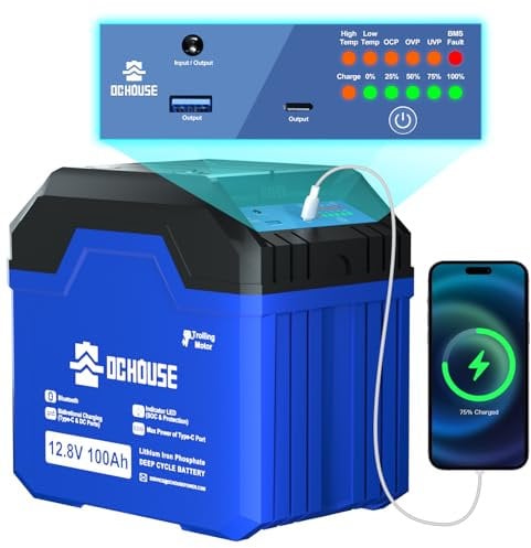 DCHOUSE 12V 100Ah 3.0 Trolling Motor Marine Battery, Bluetooth & Low Temp Cut-Off with SOC Status Indicators, USB-A, DC Ports, Built-in 100A BMS, Up to 15000 Cycles