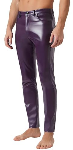 Bauzuoyo Lederhose Herren Wetlook Lack Leder Lang Motorrad Hosen Slim fit Stretch Kunstlederhose Anzughose mit Bügelfalte Metallic Leggings Tights Erotik Pants Mottoparty Nachtclub Clubwear
