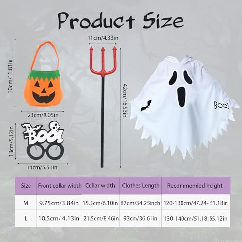Celebration Directre 4PCS Ghost Halloween Costumes for Kids, Glow in the Dark Ghost Face Outfit White Cloak Hooded Pumpkin Bags Skeleton Glasses Devil Pitchfork for Kids Girls Boys Carnival Cosplay