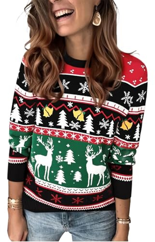 Saodimallsu Jersey de Navidad para Mujer, Cuello Redondo, Manga Larga, Punto de Renos, suéter de Invierno, Informal, cálido