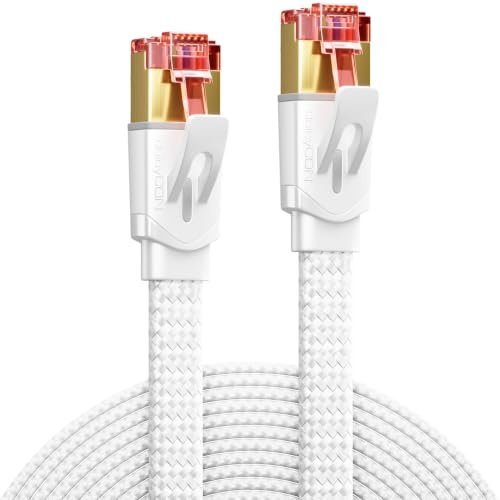 deleyCON 10m Câble Réseau Cat7 Plat Nylon (10 Gbps, Conducteur en Cuivre) Câble LAN Ethernet - Connecteurs RJ45 - Cordon de Brassage pour DSL, Routeur, Internet, Wi-Fi - Blanc