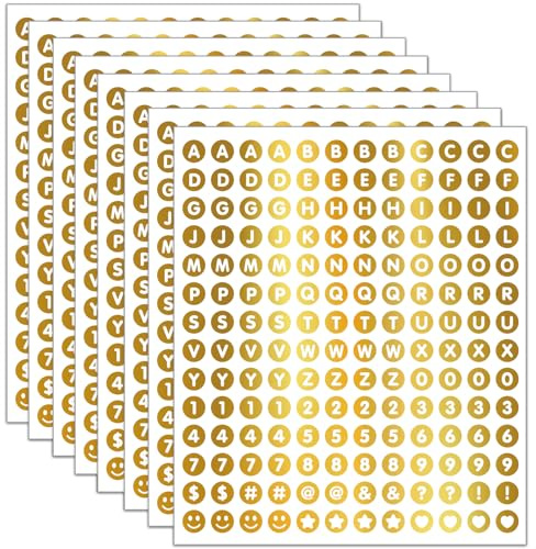 1344 Stücke/8 Blätter Runde Buchstaben Aufkleber(13 mm), Kleine Selbstklebend Alphabet und Zahlen Sticker, DIY Buchstabe Etiketten Aufkleber für Scrapbooking Verschönerung Beschriften (Gold)