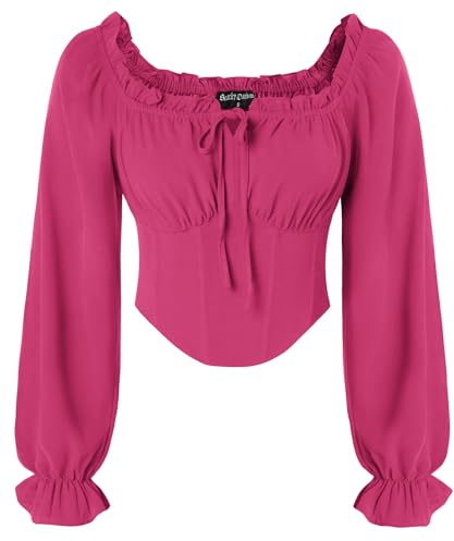 SCARLET DARKNESS Women's Medieval Crop Top Long Sleeve Corset Tops Square Collar Elastic Waist Pirate Shirt