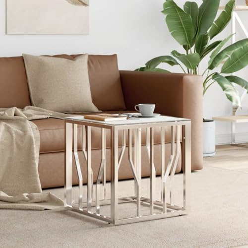 Yisssmeng Couchtisch aus Edelstahl & Hartglas 50x50x50 cm modernes Marmor-Design, silberner Beistelltisch für Wohnzimmer & Sofa