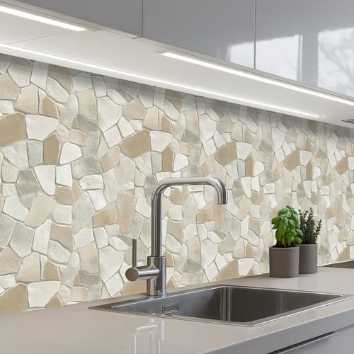 KitchenYeah© Küchenrückwand Selbstklebende Kitchen Wall Protector Küchen | 60x250 cm - Rückenwand Küchenfronten Küchenrückwände Küche Wand Mosaik - Steine - Beige