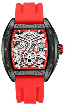 Mechanische Herrenuhr mit Skelett-Zifferblatt, Vollautomatisch, Weintonnen-Form, Rotes Silikonarmband, Wasserdicht